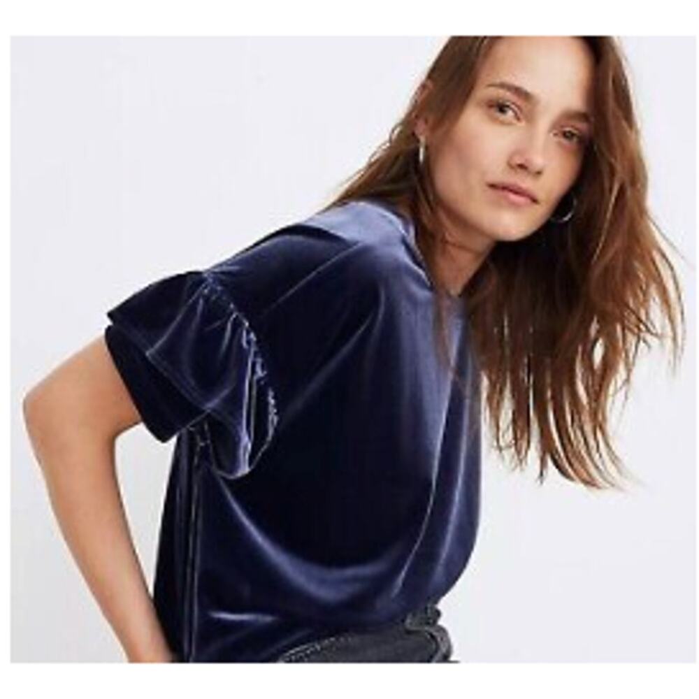 Madewell Velvet Short Ruffle Sleeve Top Blue Size XXS
